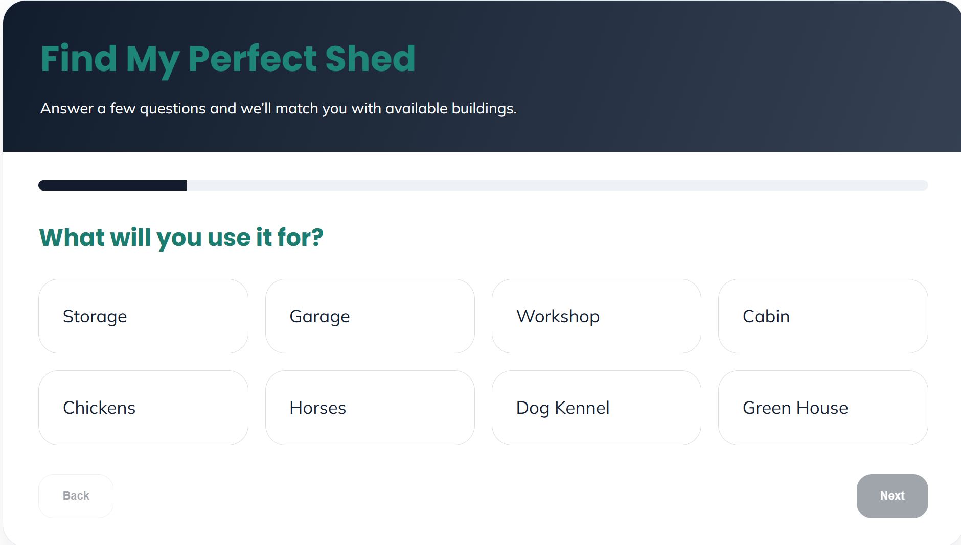 Find my perfect shed.  This list buildings from M.V and Waldo Lot